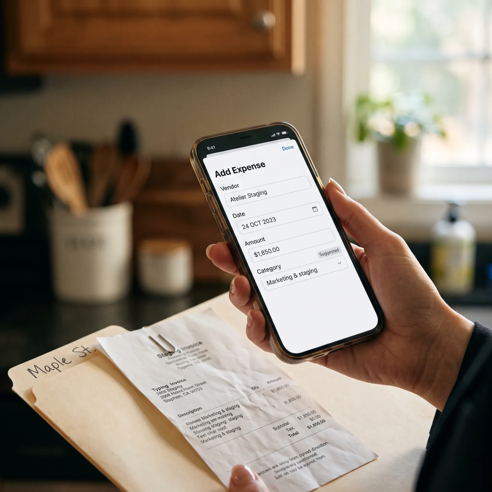 Add Expense form filled from the staging receipt