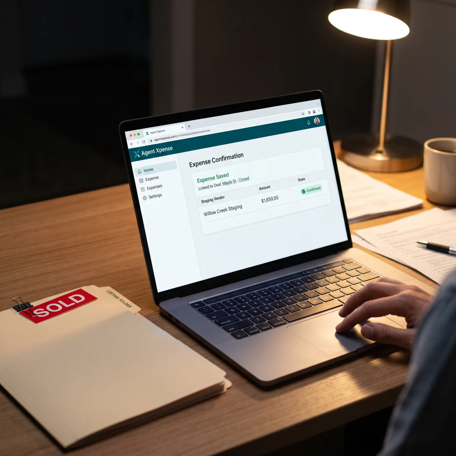 Agent Xpense on a laptop, expense linked to a closed Maple St deal